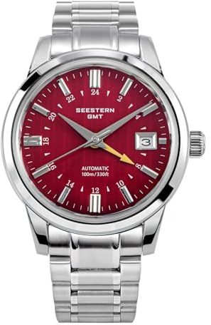 Sugess Seestern GMT, NH34, Rot, gewölbtes Saphirglas, Ausstellungsgehäuse, Armband und Leder, rot, Armband