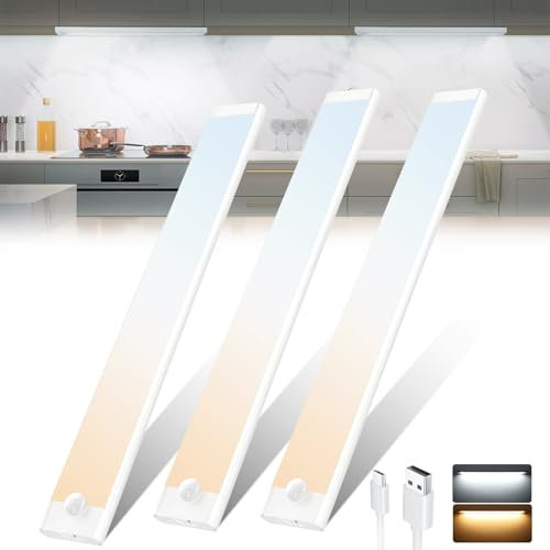 Tailcas Under Cabinet Kitchen Lights, 72 LED 2000mAh USB-C Motion Sensor Lights Indoor, 2 Color Stepless Dimming Wardrobe Lights Magnetic Closet Lights