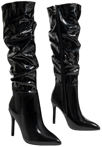 FUIPOT Stivali al Ginocchio Donna Punta a Spillo Stivali a Coscia Alta Pelle Verniciata Sexy Stivali a Tacco Alto Vestito Stivali Alti Stivali sopra Il Ginocchio,Black Patent Leather,42 EU