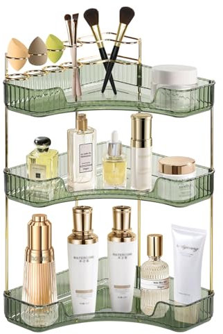 SHANNA Storage Di Trucco Cosmetico: Organizer Da Bagno Verde A 3 Strati Angolare Organizzatore Di Trucco Di Grande Capacità Organizzatore Di Trucco Di Bellezza Per Cassettiera, Camera Da Letto