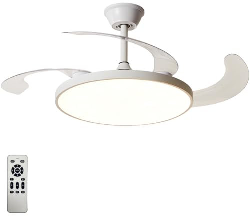 Grande Ventilador Techo Con Luz Con Mando A Distancia, Moderno Regulable Lampara Ventilador Reversible 6 Velocidades Control Dual Ventilador Techo Luz Aspas De Ventilador Invisibles-White||118CM
