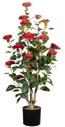 JYARZ Kunstbaum Deko Künstlicher Kamelienbaum, Rote Kunstkamelienpflanze, Gefälschter Topfkamelienblütenbaum Aus Kunststoff Für Die Inneneinrichtung Zimmerpflanze Kunstpflanze(160cm)