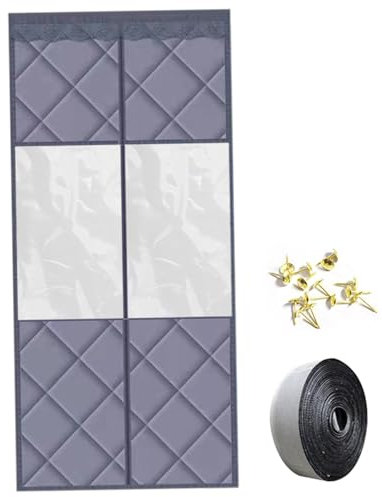 Thermal Curtain Fits 90x200cm, Magnetic Insulated Door Curtain for Winter, Internal Door Screen with Clear Windows, Temporary, Grey