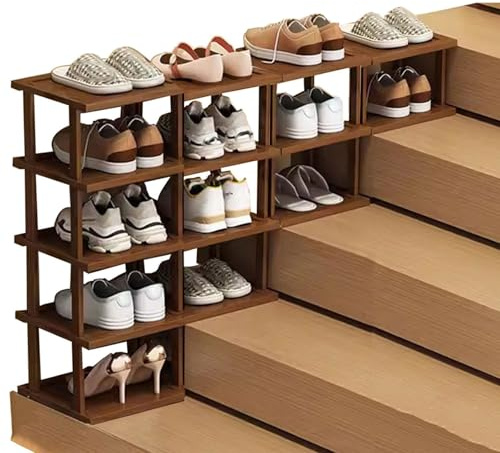 Schuhregal Schmal aus Bambus, Treppenschuhregal DIY-Kombination Schuhablage Offener Schuhschrank für Schuhe und Stiefel Schuhaufbewahrung, für Eingangsbereich Flur Ankleidezimmer(Size:5+4+3+2 Tier)