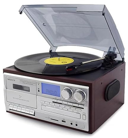 GWWBD Vinyl Record Player, Retro Bluetooth Record Player with Built in Speakers, 3 Speed Bluetooth Vintage Turntable, CD and Cassette Player, Less Noise, Frosted Dust Cover