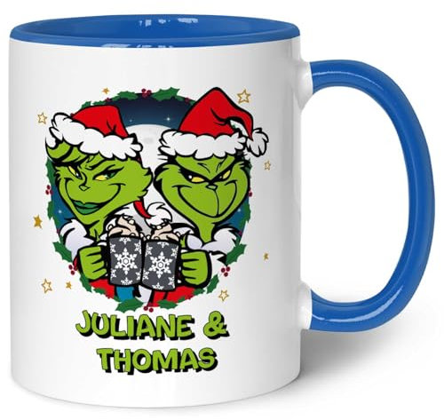 GRAVURZEILE Printed Christmas Mug - Grinch Pair - Personalised with Name - Dishwasher Safe and Microwave Safe - Christmas Mug as a Gift for Him and Her for Christmas - Blue