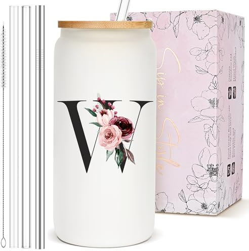 Monogrammed Personalized Customized Gifts for Women, Cute Glass Cups with Lids and Straws, Custom Initial Drinking Glasses Iced Coffee Cup, Letter Mug Tumbler, Cool Coffee Lover Gifts for Women, W