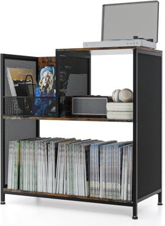 Großer Plattenspielerständer mit Vinylaufbewahrung, 3-stöckiger Schallplattenspeicher für 300 Alben, Plattenspieler aus Holz und Metall, mit benutzerdefinierten Trennwänden für Schallplatten, CDs,