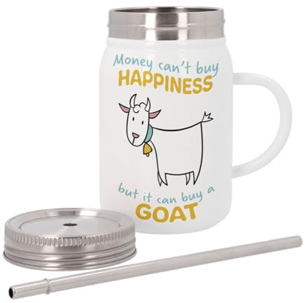 Goat Thermobecher aus Edelstahl mit Deckel und Strohhalm, Money Can't Buy Happiness Tiere, Cute Goat Humor – 500 ml