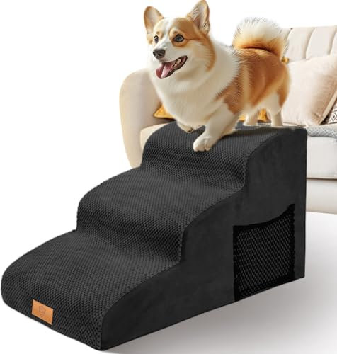 Scaletta per Cani 3 Gradini in Spugna, Masthome Rampa per Cani Letto/Divano, Scala Antiscivolo per Cuccioli e Animali Domestici Anziani, Scale Cane con Copertura Rimovibile e Lavabile (Nero)