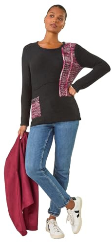 Roman Originals Contrast Textured Knit Jumper for Women UK - Ladies Everyday Autumn Winter Round Neckline Comfy Soft Evening Vacation Work Party Night Out - Noir - Size 12