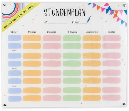 Stundenplaner Acryl - beschreibbar & abwischbar - Wandplaner und Familienplaner mit Abstandshaltern - ideale Hausaufgaben- und Planungstafel für Kinder – Größe: 60x50 cm – Transparent