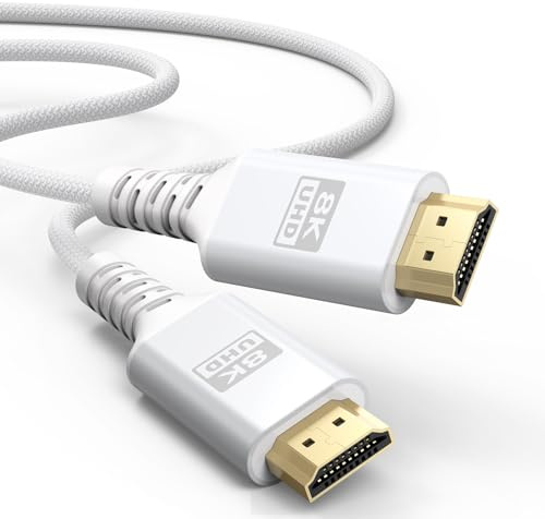 UVOOI 8K White HDMI Cable 10FT, 48Gbps Ultra High Speed HDMI 2.1 Cable eARC Braided HDMI Cord with 8K@60Hz, 4K@120Hz, HDR10+, Dolby, 3D, HDCP2.3 for Laptop/Monitor/HDTV/Soundbar/Blu-ray/PS5/Xbox