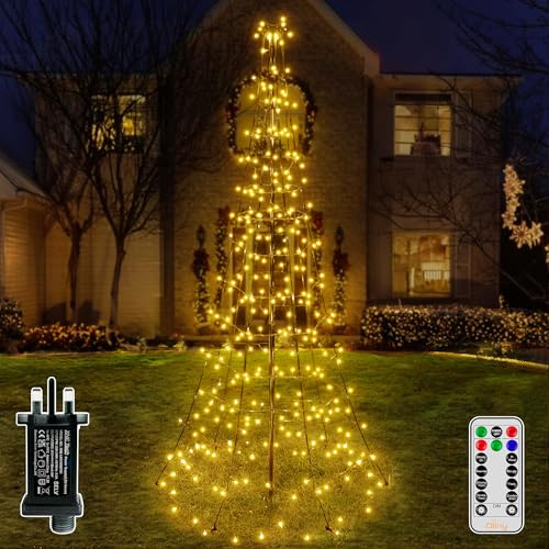 Ollny 1.8m Outdoor Christmas Tree Lights, 202 LEDs String Light with IP44 Waterproof Plug 8 Modes Timer Remote Dimmable, Warm White Holiday Decor Lighting for Outside Garden Lawn Xmas Decorations