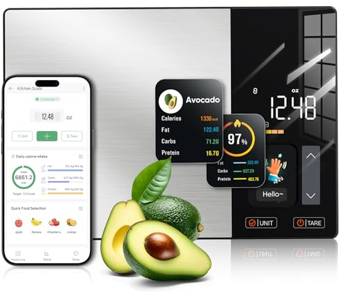 KUAIVO Smart Nutrition Lebensmittelwaage mit TFT-Display, verfolgt Kalorien, Fett, Kohlenhydrate und Protein, funktioniert mit App für tägliche Berichte, 50 integrierte Lebensmittel, 23 Nährstoffe