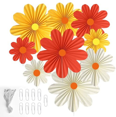9 STK Papierblumen Deko Hängend, Gänseblümchen Papierblumen zum Aufhängen | Papier Fächer Dekoration Hanging Girlande Orange Gelb Deko,Papierfächer für Hochzeit Geburtstag Tischdeko Party Sommer Deko