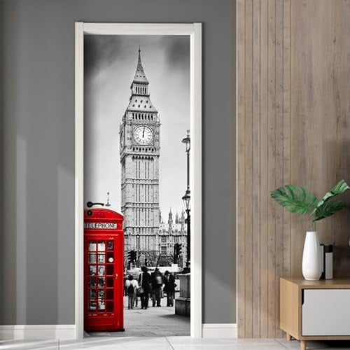 AstraDesign Tür Tapete „London Big Ben“ 88x200cm – selbstklebende PVC-Folie, Premium Qualität – 3D-Optik mit roter Telefonzelle – Wohnzimmer, Flur, Büro – urbanes Design, rückstandslos entfernbar