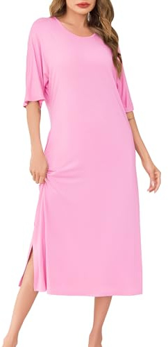 Wikoan Chemise de Nuit Longue Chemise de Nuit à Manches Courtes pour Femmes Grande Taille Doux Robe de Nuit Ete Vêtements de Nuit avec Poches S-XXL