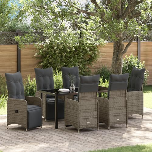 IBUQDDV 7-TLG. Garten-Essgruppe mit verstellbaren Stühlen und grauen Kissen aus Poly Rattan, Outdoor Lounge Set mit gepolsterten Sitzauflagen und robuster PE Rattan Konstruktion