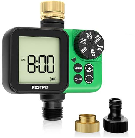 RESTMO Sprinkler Timer Irrigation Timer for Outdoor Tap | Oversized LCD Water Timer Up to 11h59m Programmable Filling, with Brass Inlet, Rain Delay/Manual/Automatic Irrigation System