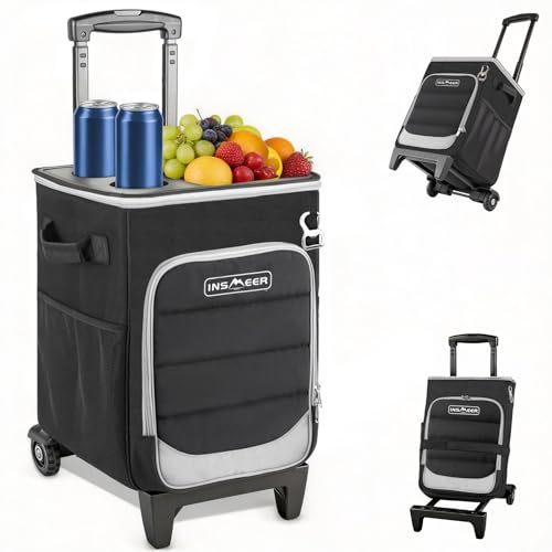 INSMEER Enfriador 2 en 1 con ruedas, 50 latas, plegable, con lados suaves, parte superior dura con 2 portavasos, bolsa térmica con ruedas 100% a prueba de fugas para playa, camping al aire libre