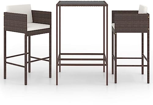 Hommdiy 3-TLG. Gartenbar-Set Bartische für die Terrasse Outdoor Bartische für die Terrasse mit Kissen Poly Rattan Braun