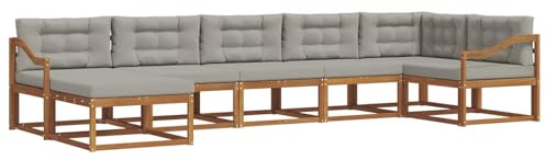 vidaXL Outdoor-Sofagarnitur mit Kissen 7 pcs Natürlich und Hellgrau, Modernes Akazienholz Outdoor-Sofaset, langlebige Gartenmöbel, Flexible Anordnung für die Terrasse, Bequeme Lounge im Hinterhof