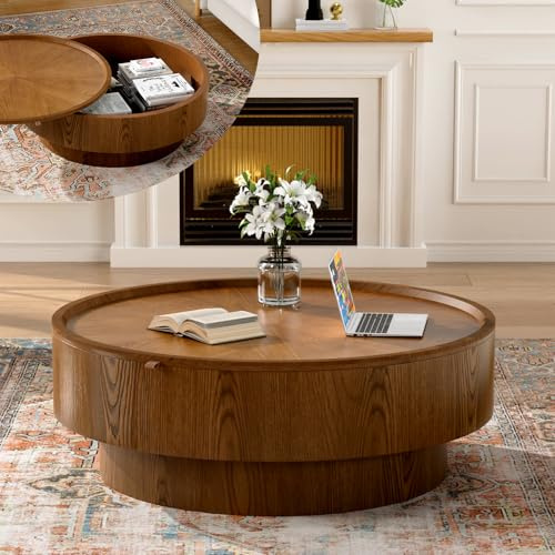 LOVEHOUGES Modern Round Wooden Drum Coffee Table with Storage | Mid Century Natural Wood Center Table for Living Room, Apartment & Small Space (D77.97cm (30.7) × H31.97cm (12.59))