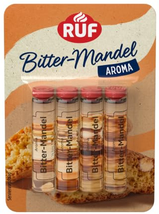 RUF Backaroma Bitter-Mandel, 4 Fläschchen Mandel-Aroma für Kuchen, Torten, Waffeln oder Plätzchen, tröpfchenweise dosierbar, glutenfrei, vegan