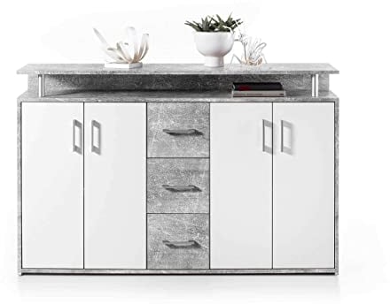 Avanti Trendstore - Doro - Kommode aus Holzdekor, mit 1 offenen Ablage, 3 Schubladen und 4 Türen, in 2 verfügbar, Maße BHT 139x90x34 cm (Beton - weiß)