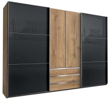 Froschkönig24 magicGlas Schwebetürenschrank Schiebetürenschrank Plankeneiche/Grau, Höhe in cm:216 cm, Schließdämpfung:ohne Schließdämpfung