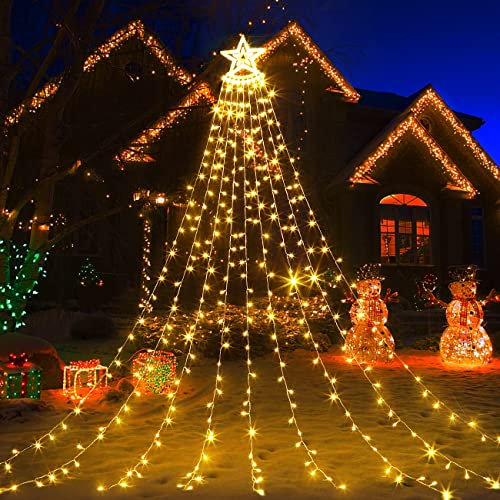 Luci di Natale con Stella, Elktry Luci Natalizie da Esterno 345LEDs 9*3.5m con 8Modalita Temporizzatore, Luci Albero Natale con 30.5cm Stella Impermeabile per Finestra Giardino Terrazza, Bianco Caldo