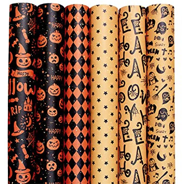 sorkwo Halloween Geschenkpapier Blatt, 6 Blatt Halloween Muster Papier Flach Geschenkpapier Blätter Halloween Geschenkpapier mit 6 Stil für Halloween Geburtstag Party Geschenk