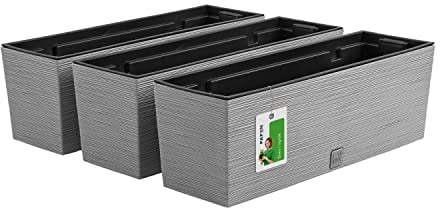 PAFEN 3X Blumenkasten Blumentopf – 18,5 x 19,5 x 58 cm - Pflanzkübel Pflanztopf inspiriert Natur: Kiefernnadeln Balkonkästen mit Einsatz, Grau