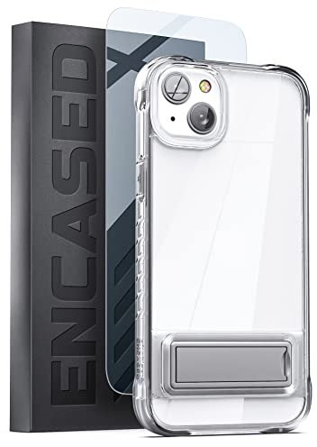Encased Kickstand Case for iPhone 14 with Stand (Durable Metal Alloy) Ultra Shockproof Armor Cover with Screen Protector (Anti Yellowing/Crystal Clear)
