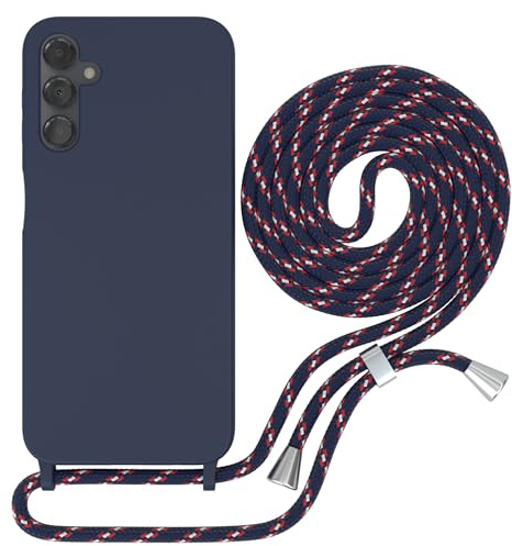 EAZY CASE - Hülle mit Kette - kompatibel mit Samsung Galaxy A14 5G Schutzhülle Kordel zum Umhängen,Umhängen Necklace, TPU Silikon Case, Blau mit Band Navy Camouflage Verschluss Silber