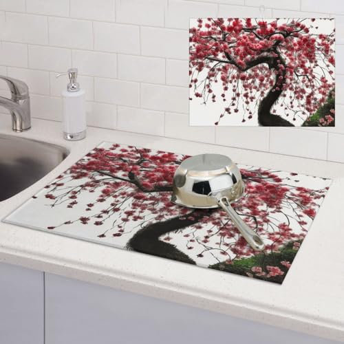 Mikrofaser-Abtropfmatte für die Küchentheke, saugfähige Abtropfpads, rutschfeste Küchenabtropfmatte, großer japanischer Kirschbaum, Abtropfmatten, 61 x 45,7 cm