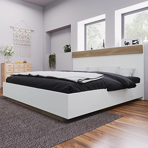 Becag Doppelbett 160x200 cm, Holzbett Schwebebett mit Kopfteil, Bettgestell mit Holz Lattenrost, Jugendbett Gästebett, Ohne Matratze, in Eiche Sonoma/Weiß