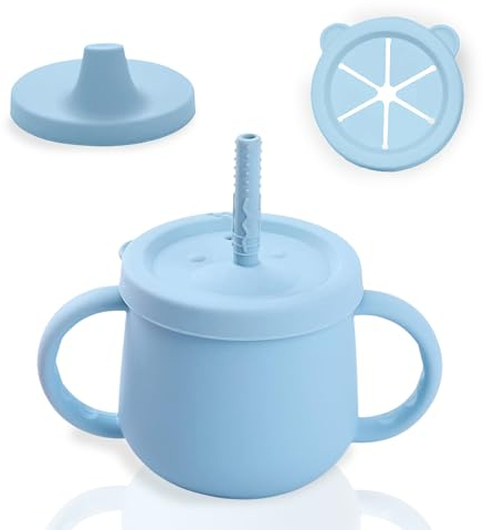 PICOCACA | Vaso de Aprendizaje Bebé 4 en 1 | Taza Infantil con Pajita, Boquilla, Recipiente para Snacks y Asas (Azul)