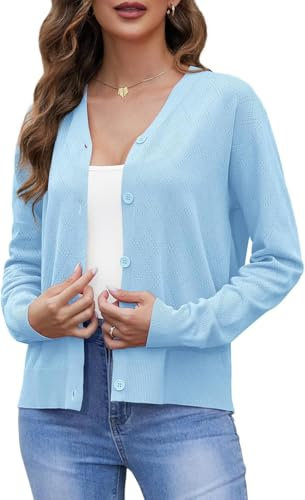Yommay Cardigan à manches longues ouvert sur le devant pour femme - Léger - Décontracté - Tendance - Doux - Élégant, A01-Bleu clair, L