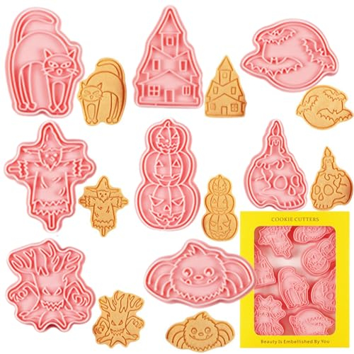 Halloween-Ausstechformen-Set, 8 Stück, Stempelformen, Katze, Spinne, Fledermaus, Geist, Kürbis, Totenkopf, Spukhaus, Vogelscheuche, Ausstechformen für Halloween, geprägte Fondant-Ausstechformen