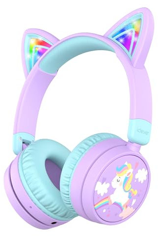 iClever Kids Bluetooth Headphones, 60H Playtime, LED Light Up Cat Ear, Safe Volume 74/85dBA, Bluetooth 5.3, USB C Charging, Kids Headphones Wireless Built in Mic for iPad Tablets Travel Gift