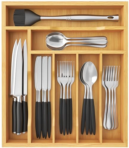 Lifewit Bandeja para Cubiertos, Organizador Cajones de Cubertos de Bambú, Cocina Organizador de Cubertería Compacto para Cucharas, Tenedores, Utensilios, Cuchillos, 7 Compartimentos, Natural