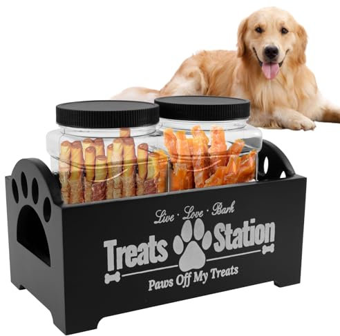GUIJZSLTRG Large Dog Treat Container, Wood Dog Food Storage Container with 2 Plastic Jars, Farmhouse Wood Cat Treat Container Practical Pet Treat Storage Organizer for Pet Owners and Lovers(Black)