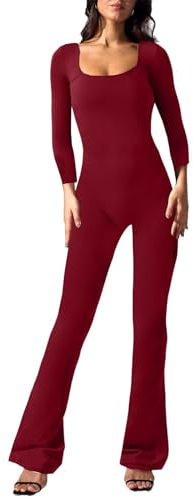 Robe Salopette Femme Enceinte Combinaison pour Femme Combinaison Longue Sport, Yoga, Manches Longues, Moulante, Body Extensible, col carré, Pantalon évasé serré, Salopette en Jean Femme Sexy (Red, S)