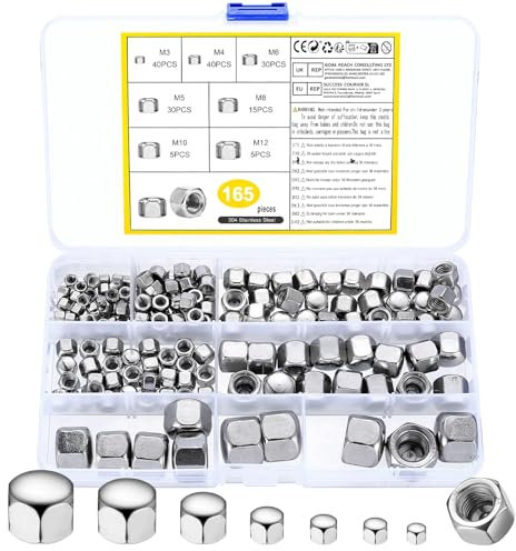 165 Pcs Écrous Borgnes en Acier Inox A2 V2A Forme Haute, Ecrou Borgne Inox, Ecrous Borgne Hexagonal, Écrous Borgne M3 M4 M5 M6 M8 M10 M12 Hexagonaux pour Boulons Vis Tiges Filetées