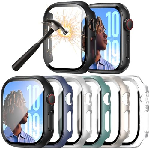 6-Stück Schutzhülle mit Displayschutzfolie Kompatibel mit Apple Watch SE/6/5/4 44mm,Ultradünne Hard Gehäuse Eingebaut Kratzfest Gehärtetes Glas Schutzfolie für iWatch SE 4 5 6 44mm