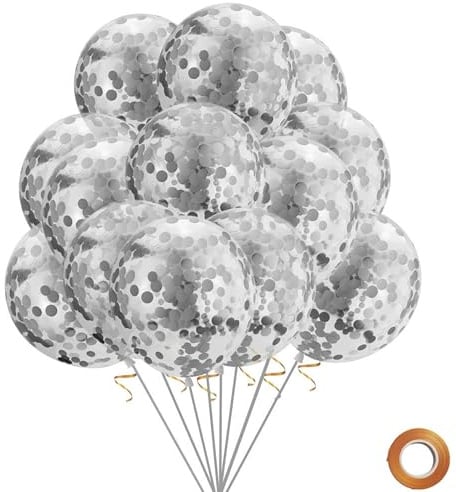 Gleemix 20 Stück Konfetti Luftballons Silber Helium Ballons Geburtstag | 20 Stück 12 Zoll Latex Silber Luftballons Geburtstag, Pailletten Helium Ballons Geburtstagsdeko Hochzeiten JGA Babyparty Deko