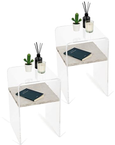 mobiltema – Acryl Beistelltisch, nachttisch schmal und klein, Moderner couchtisch in glasoptik, transparent wie Glas, Kleiner Sofa Beistelltisch, glastisch, 35 x 54 x 35 (2, Regal in Betonoptik)
