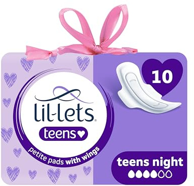 Lil-Lets Teens Night Pads X 10, Petite Towels For Girls & Teenagers, With Wings, For Heavy Flow, Unscented, Soft & Breathable, First Period Sanitary Towels, 1 Pack of 10 Pads